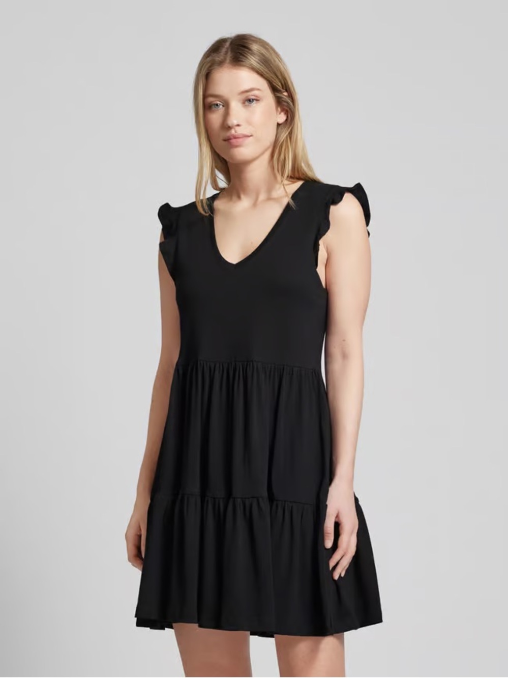 Sleeveless Black V-Neck Tiered Mini Dress with Ruffle Shoulders
